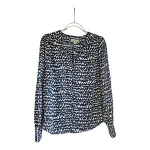 RyeGrass Womens L Blouse Blue White Button Down Modern Print Split Neck